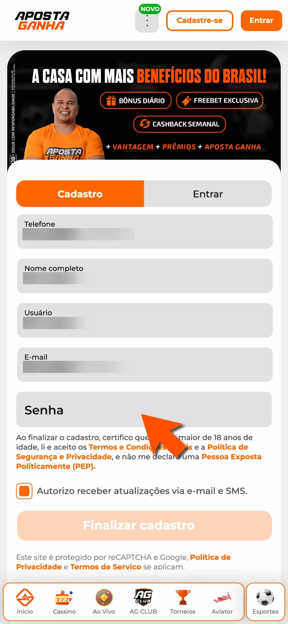 Defina credenciais na Aposta Ganha e aumente a segurança do acesso.