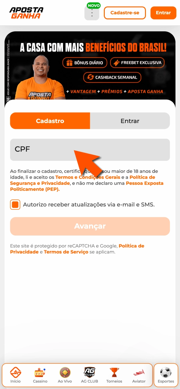 Preencha dados na Aposta Ganha e finalize cadastro com segurança.
