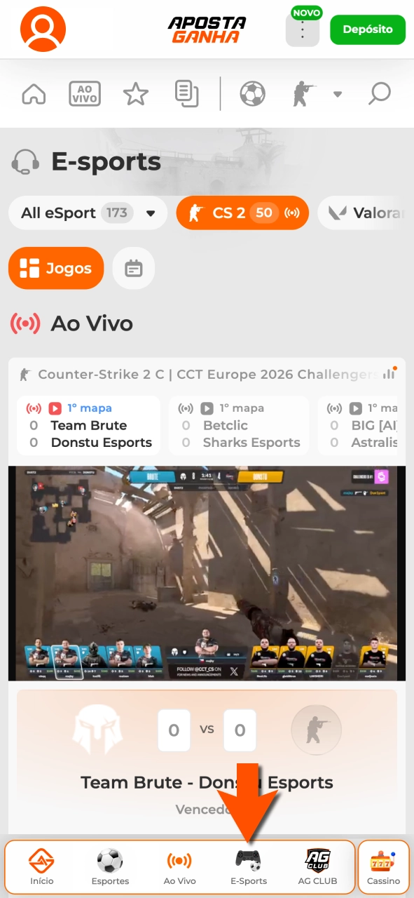 Navegue na seção eSports Aposta Ganha e escolha partidas.