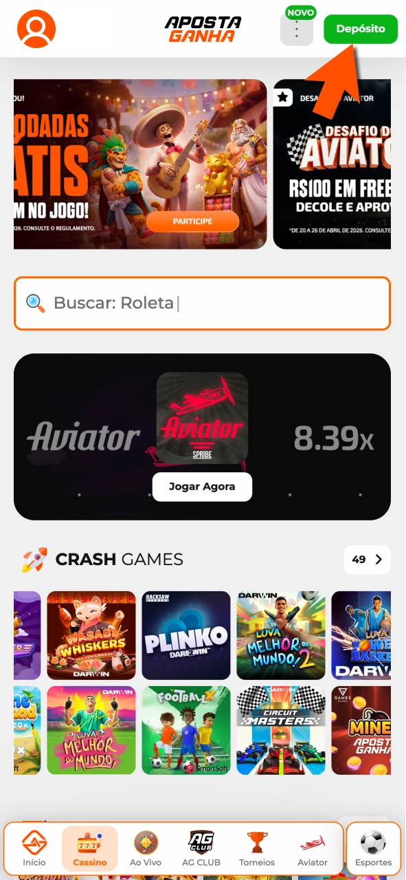 Abra depósito na Aposta Ganha e visualize opções para o Brasil.