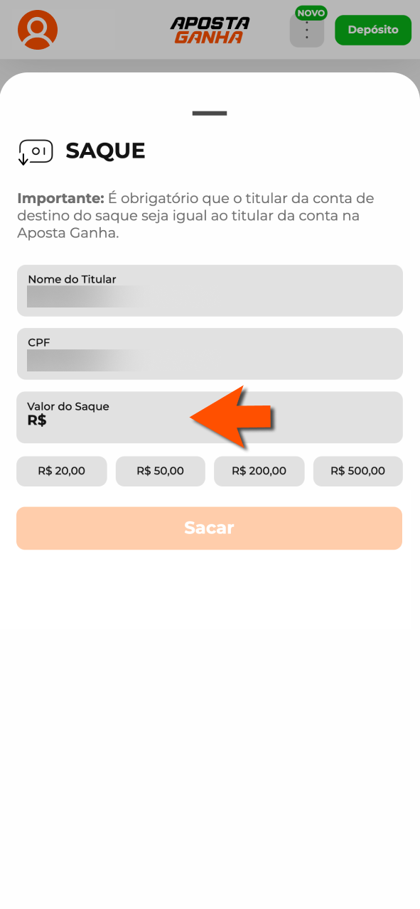 Digite valor na Aposta Ganha e conclua saque com atenção.