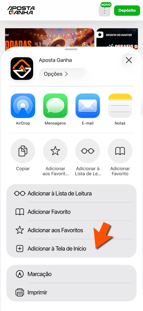 Adicione Aposta Ganha à tela inicial e acesse com um toque rápido.