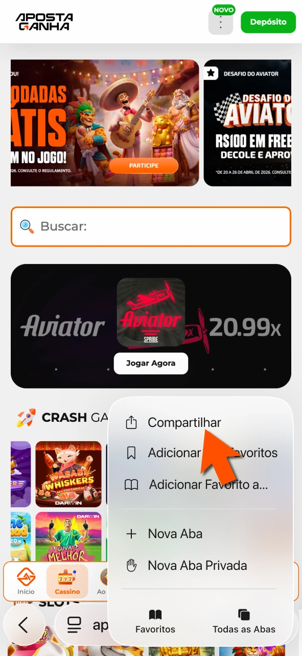 Use compartilhar no navegador e adicione Aposta Ganha à tela inicial.