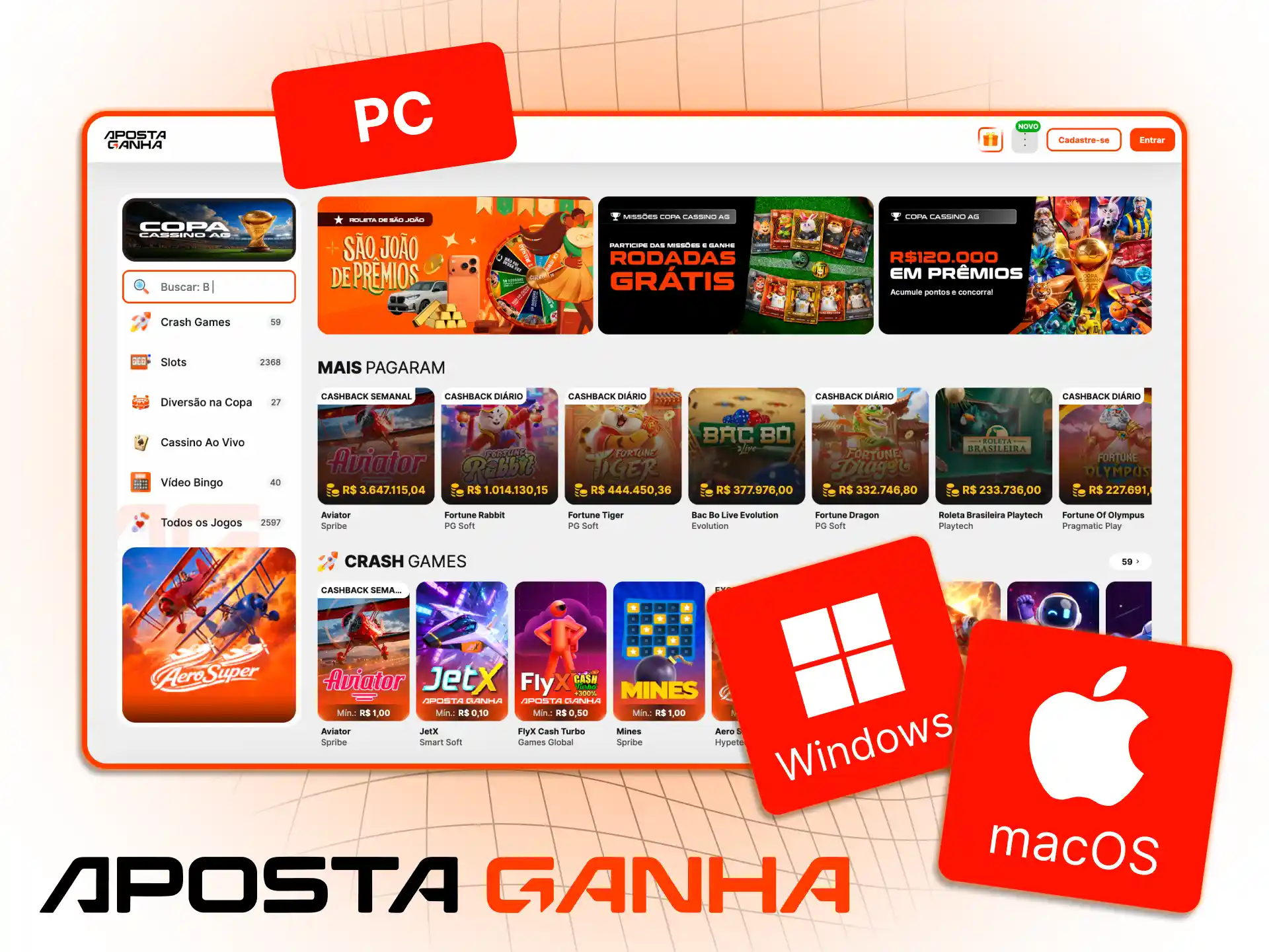 Use o Aposta Ganha no PC através do navegador e acesse apostas cassino e recursos da conta sem instalação.
