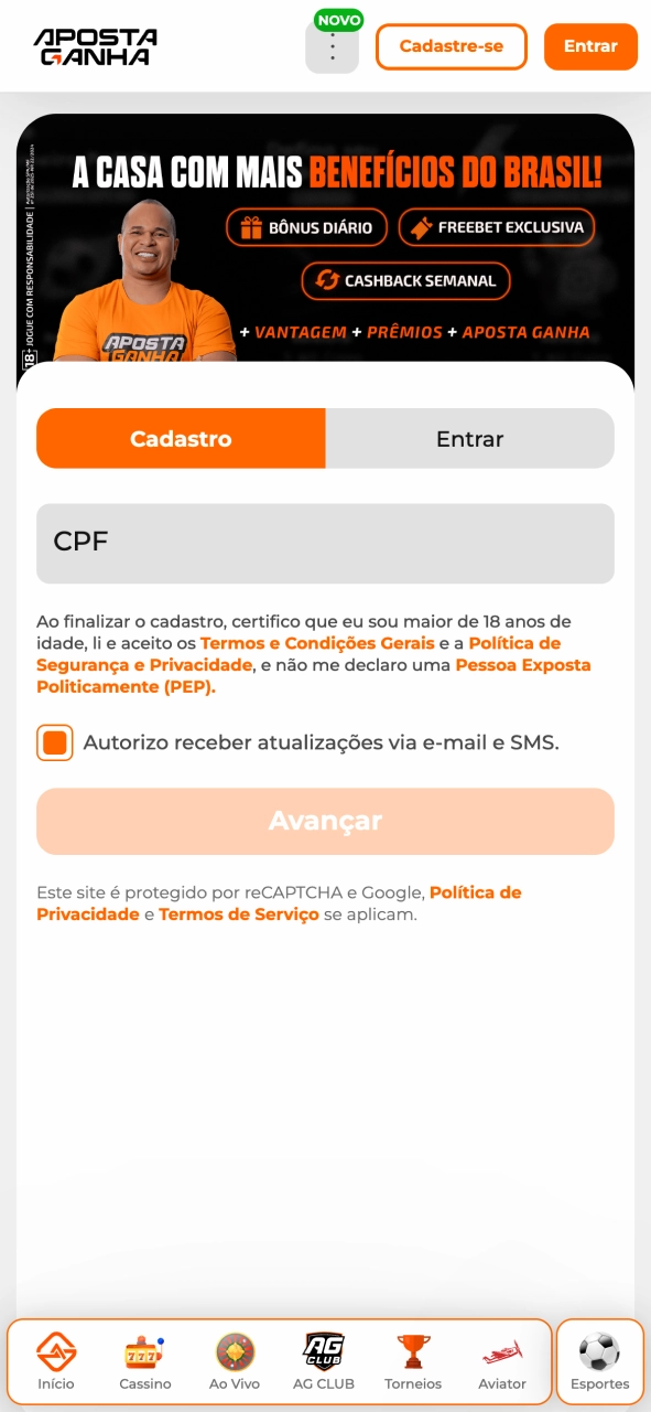 Cadastre-se no aplicativo Aposta Ganha e comece a jogar rapidamente.