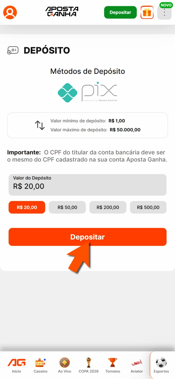 Coloque saldo na Aposta Ganha e aproveite jogos disponíveis.