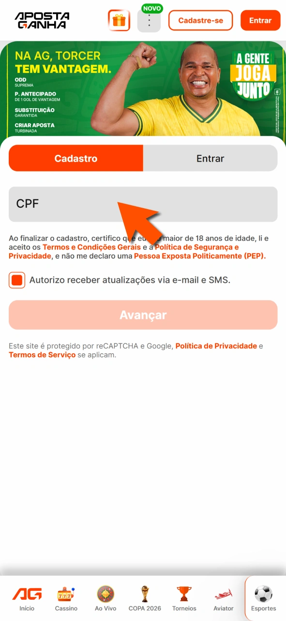 Preencha dados na Aposta Ganha e finalize cadastro com segurança.