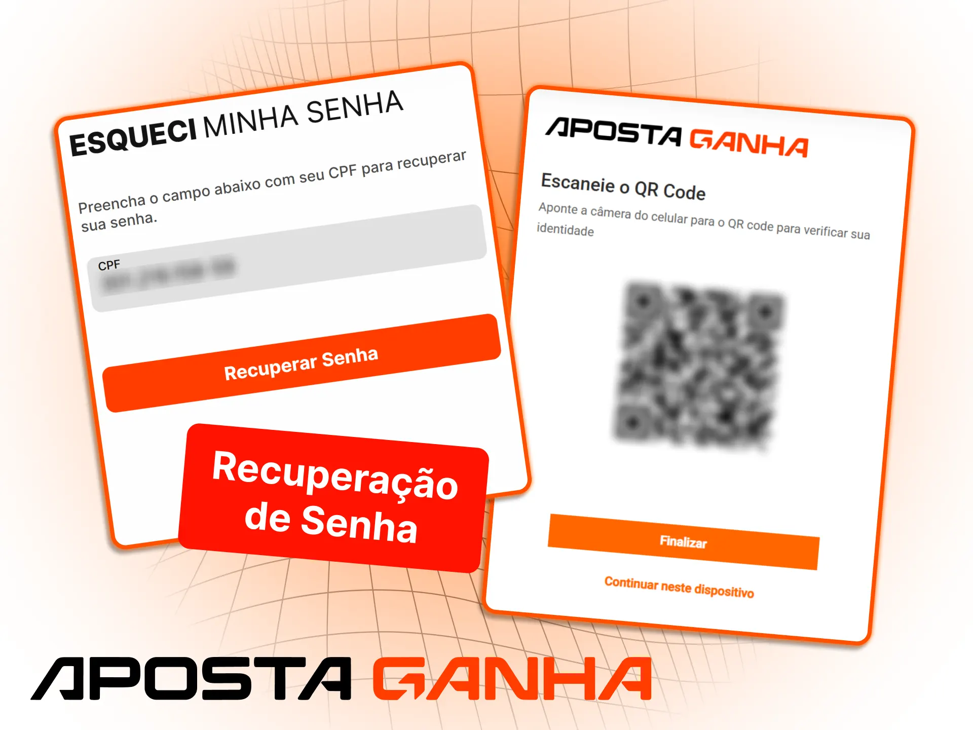 Tela de recuperação de senha com etapas para redefinir acesso via e-mail ou SMS no site ou aplicativo.