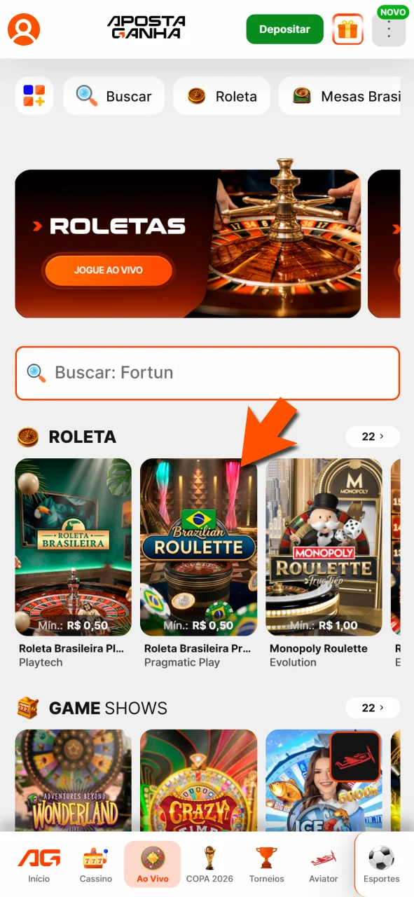 Selecione jogo na Aposta Ganha e inicie rodada rapidamente.