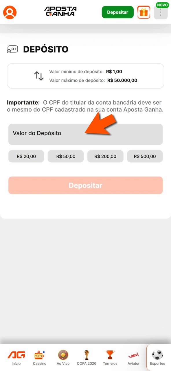 Deposite na Aposta Ganha e comece a jogar.