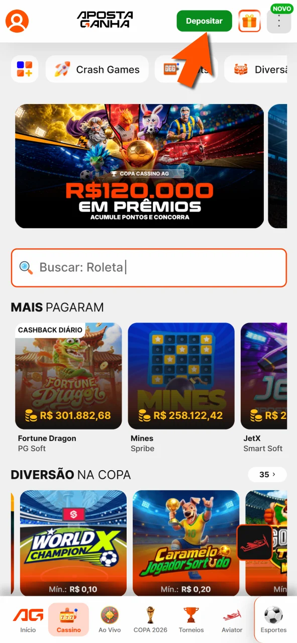 Abra depósito na Aposta Ganha e visualize opções para o Brasil.