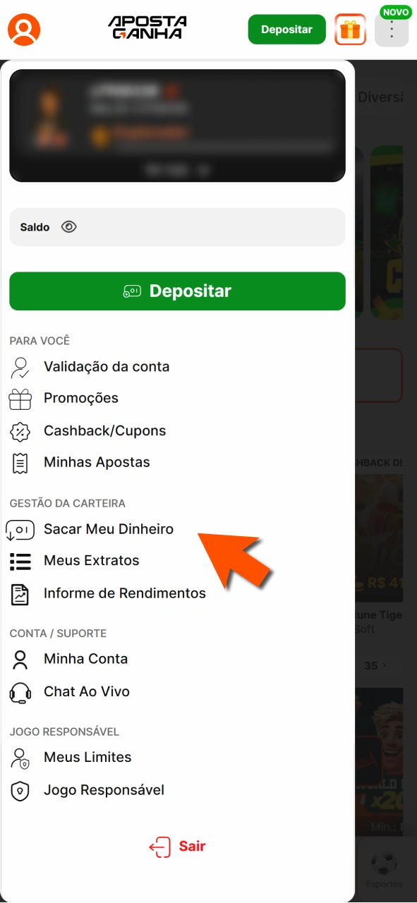 Entre na área saque Aposta Ganha e escolha forma de recebimento.