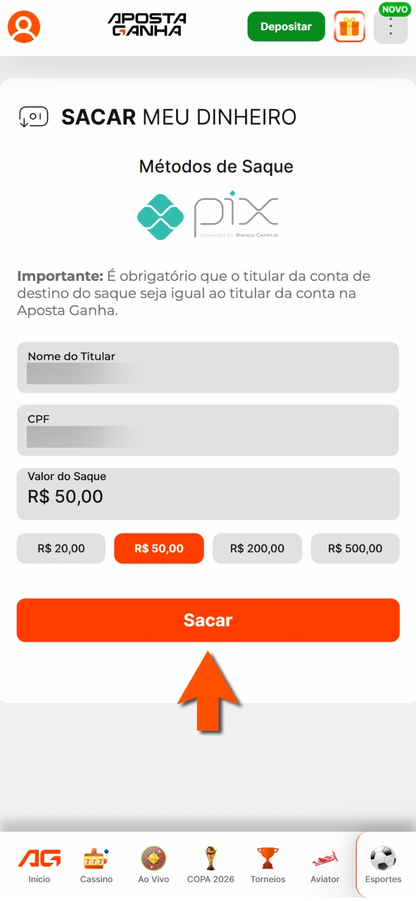 Envie solicitação na Aposta Ganha e acompanhe status da retirada.