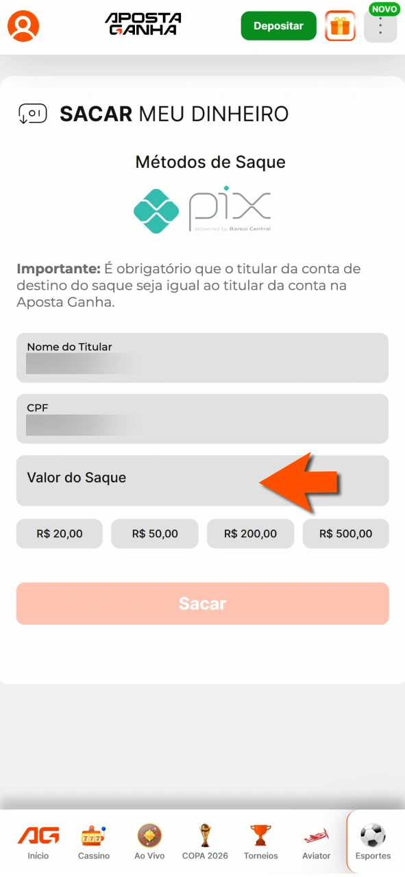 Digite valor na Aposta Ganha e conclua saque com atenção.