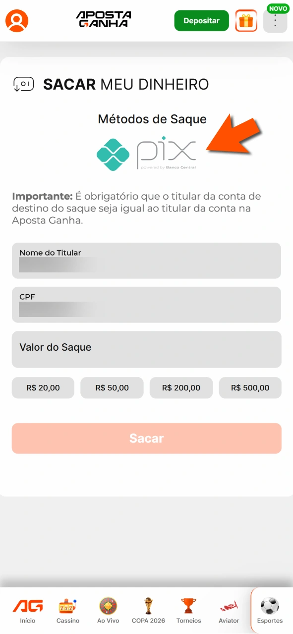 Defina método na Aposta Ganha e receba com segurança.