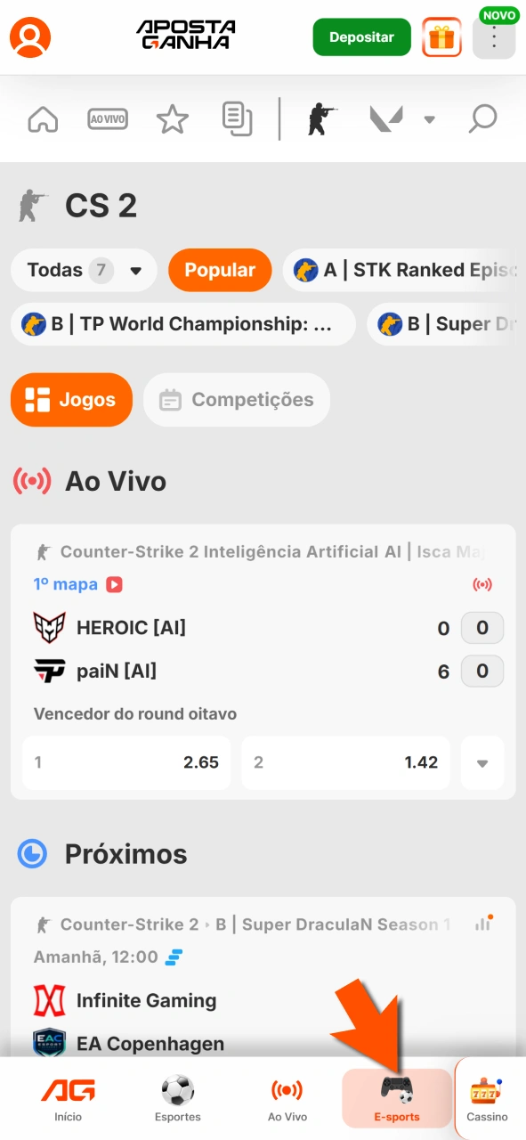 Navegue na seção eSports Aposta Ganha e escolha partidas.