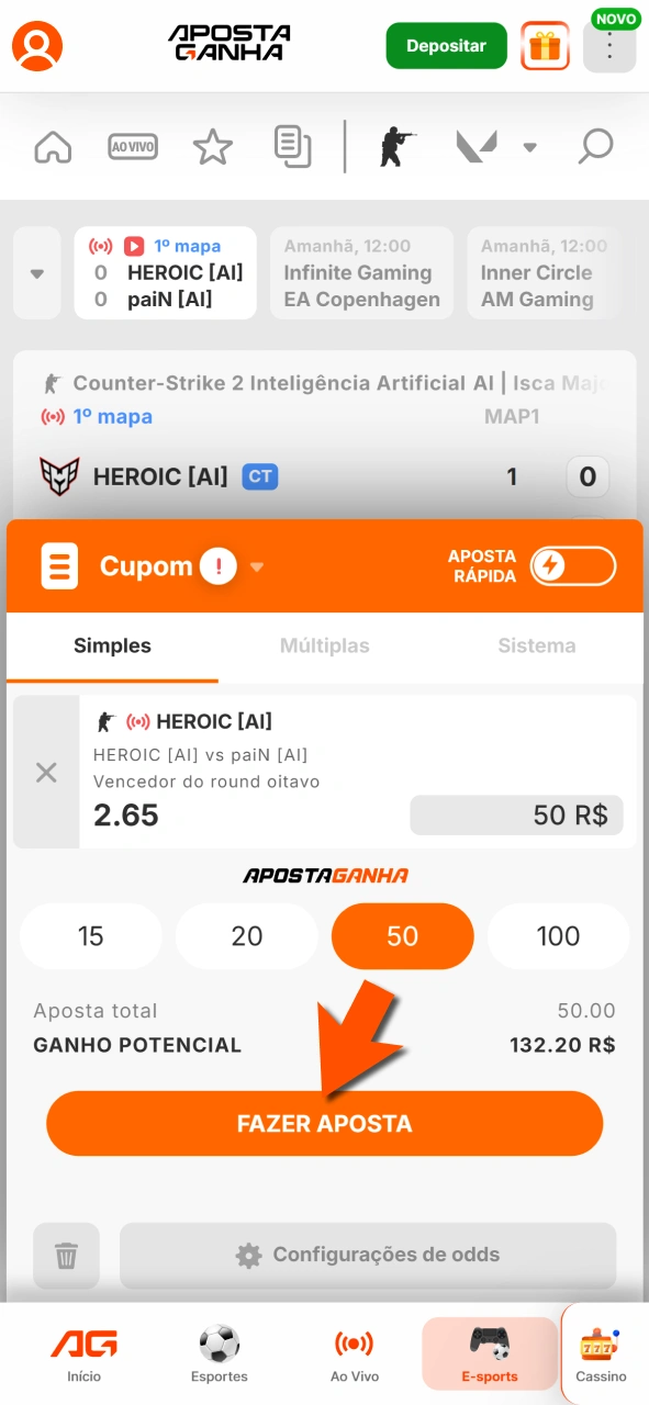 Escolha palpite na Aposta Ganha e confirme aposta com rapidez.