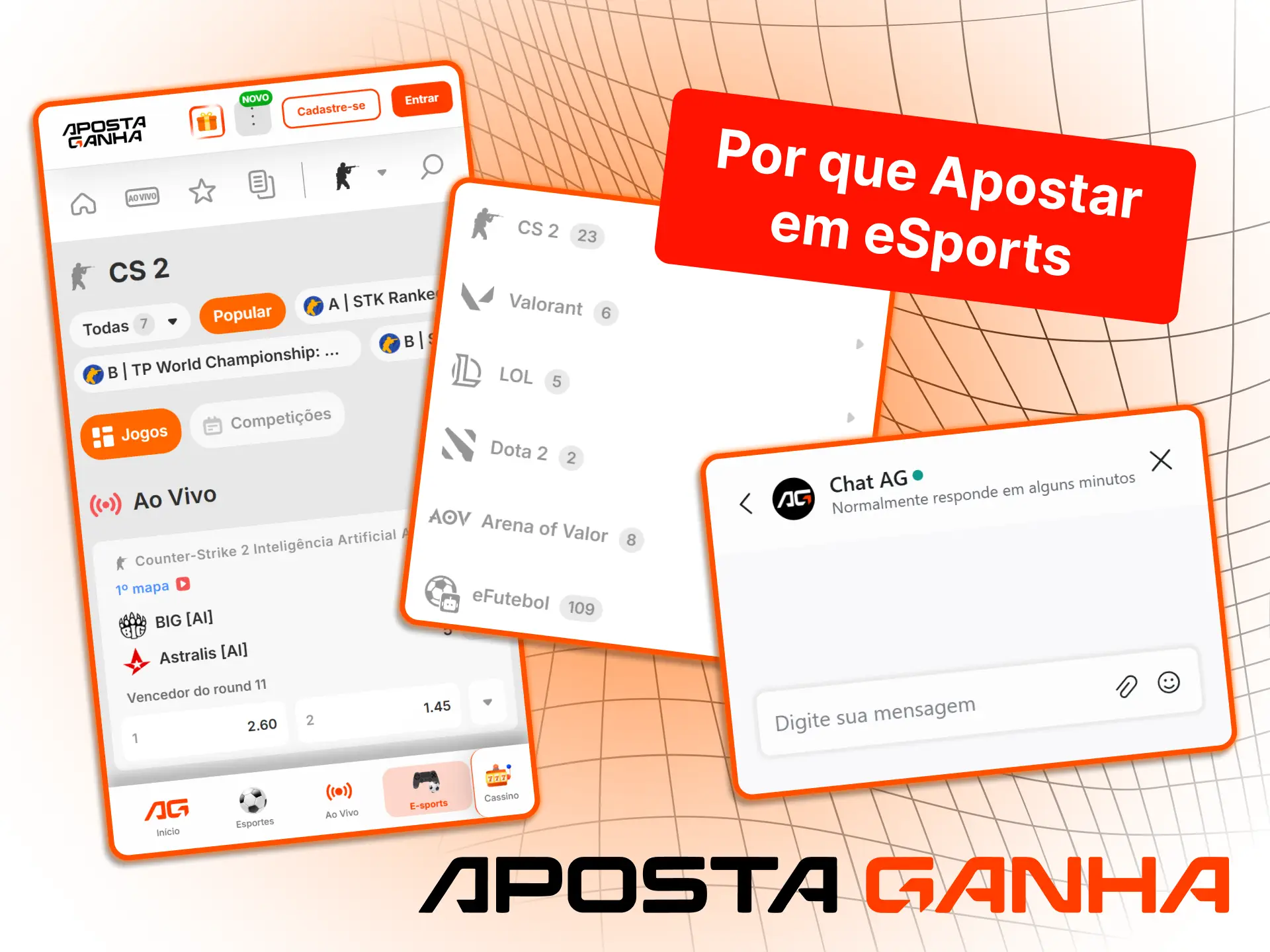 Aposta Ganha Brasil: odds competitivas em CS2, Dota 2 e Valorant, bônus, Pix e app móvel.