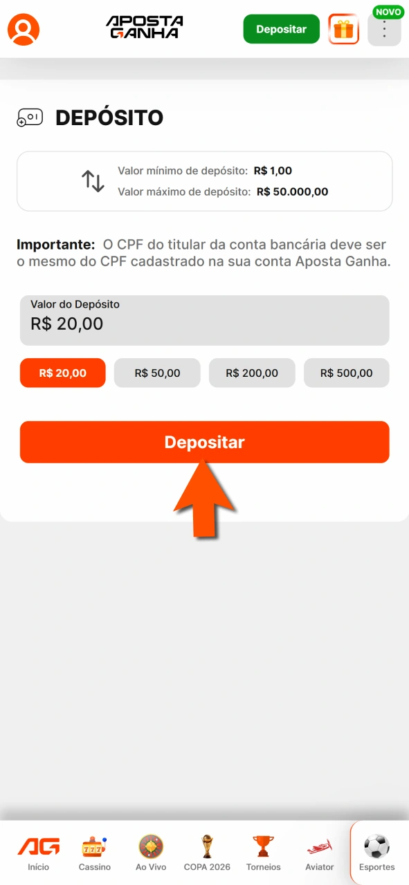Faça depósito na Aposta Ganha e aproveite métodos rápidos.