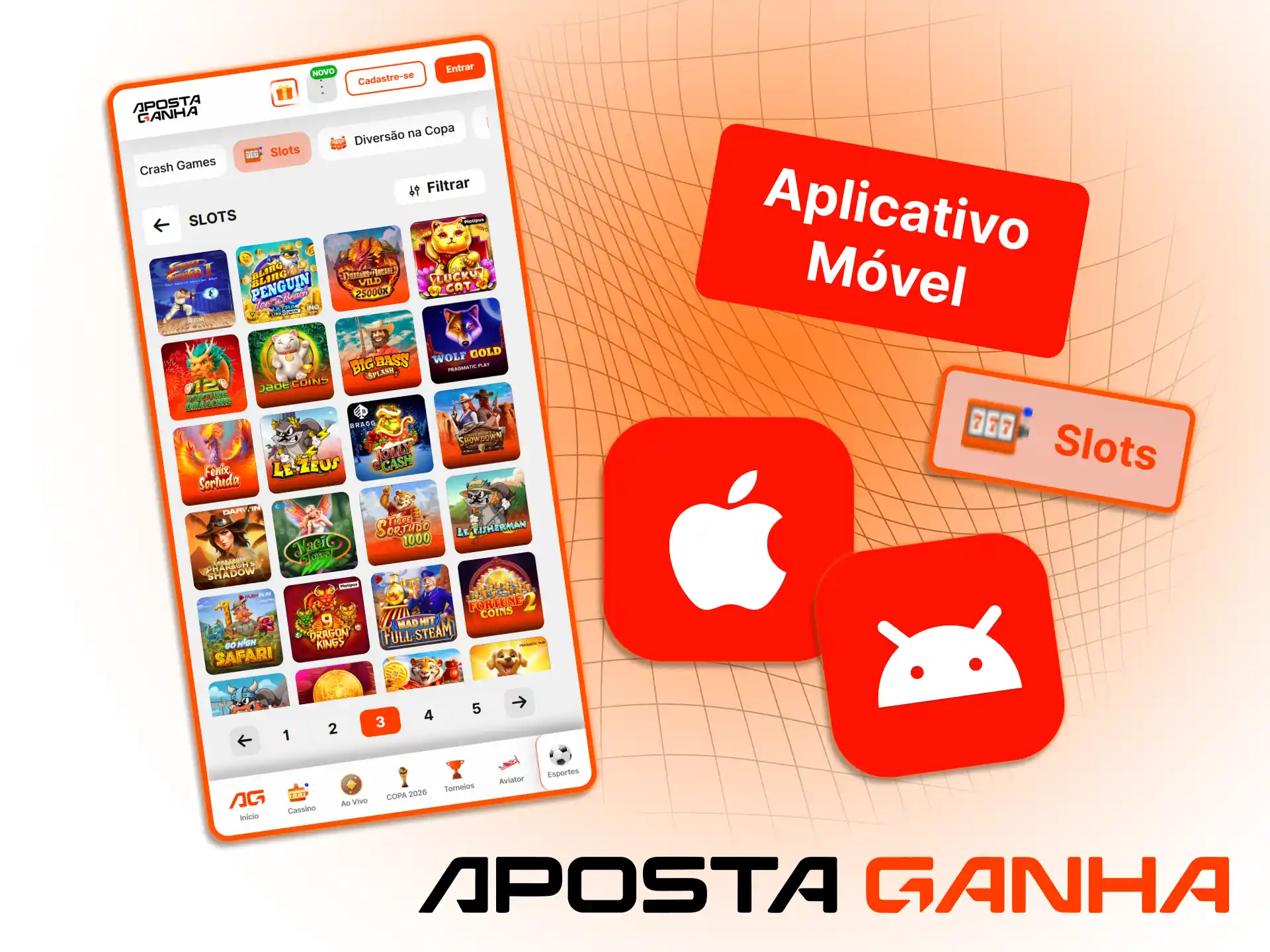 Aplicativo Aposta Ganha no celular com slots, instalação Android, iOS e PWA para jogar onde estiver.